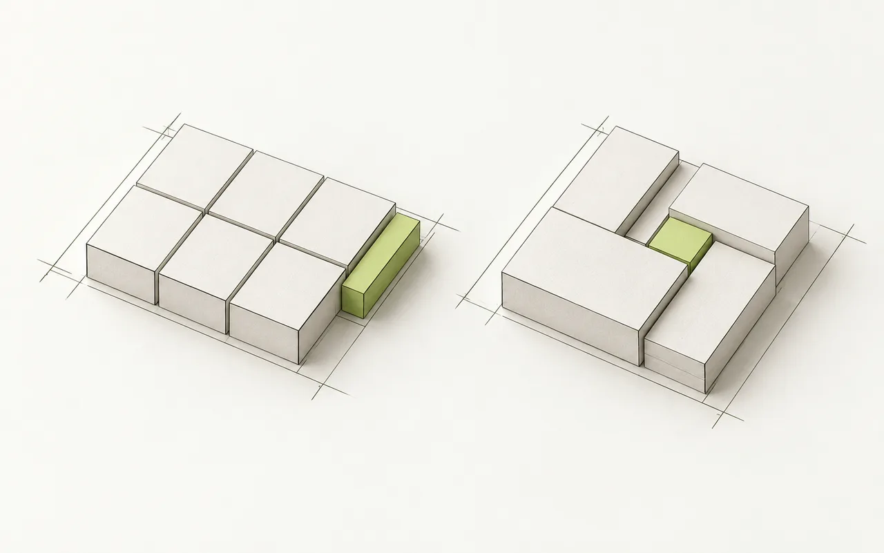 Zwei gleichwertige Papiermodelle zeigen ein Standardraster mit Erweiterung und individuell angeordnete Module.